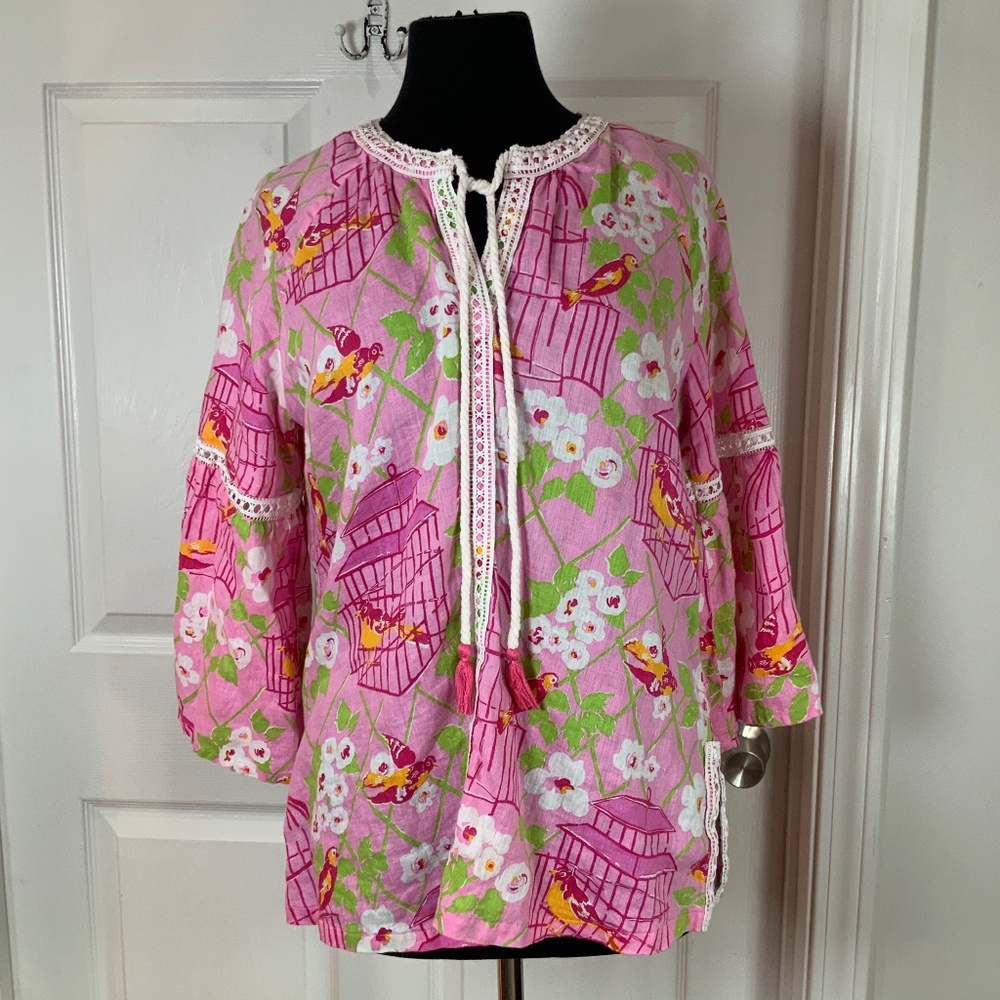 Spartina 449 Pink Wren Bird Cage Tunic Linen Top Size Large